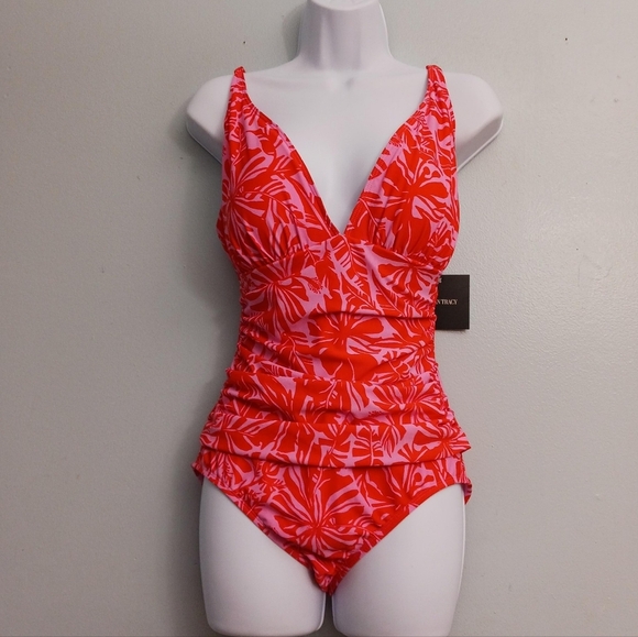 Ellen Tracy Red Floral One Piece Swimsuit - Picture 1 of 7